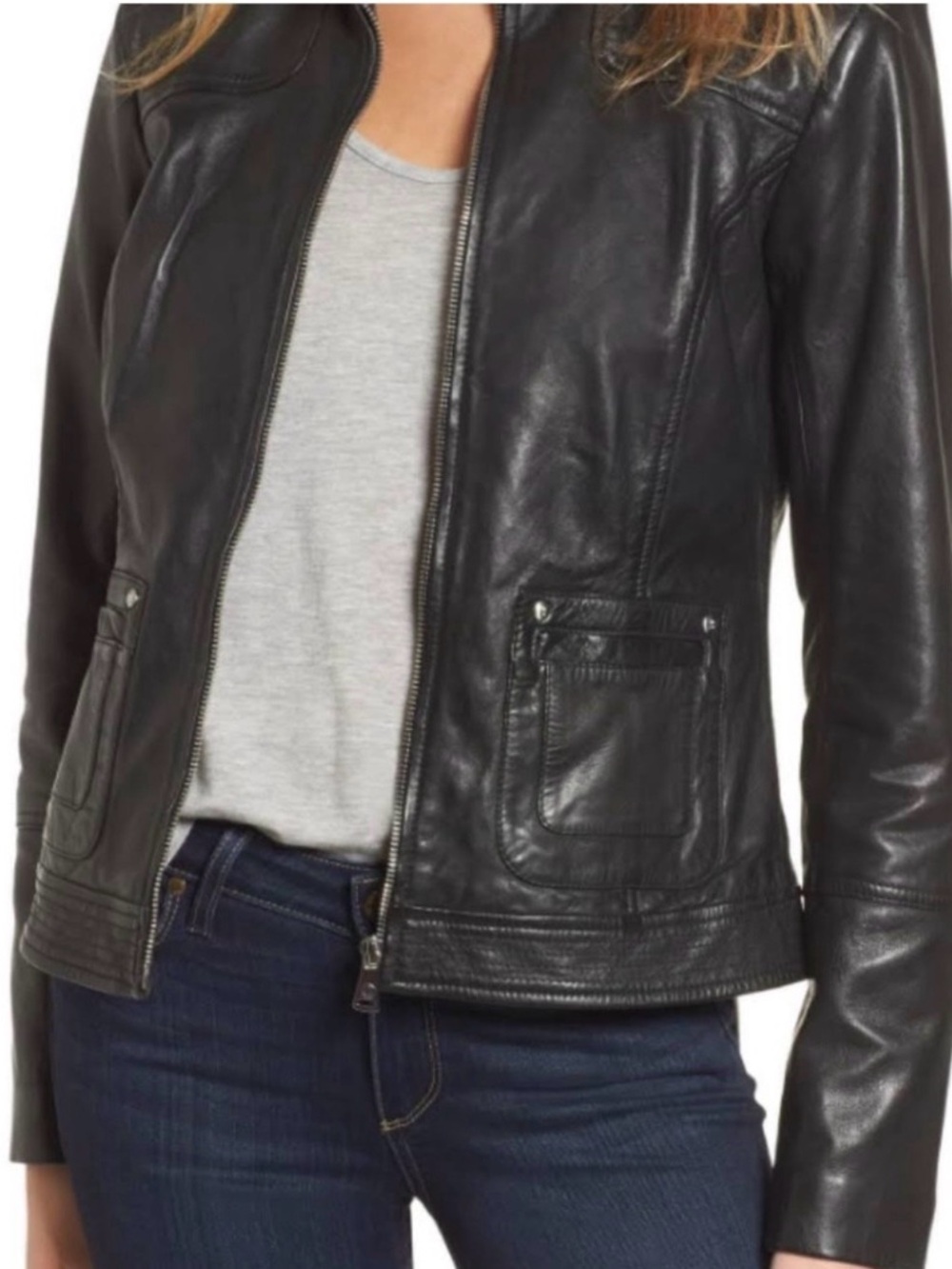 Bernardo Four-Pocket Leather Moto Jacket